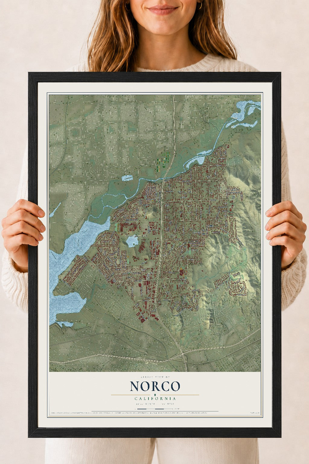 Map of Norco, California, 18 x 24 inch print in a black wood frame