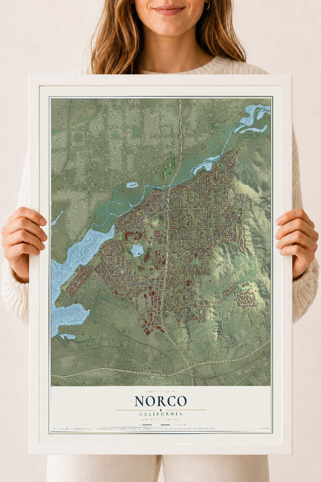 Map of Norco, California, 18 x 24 inch print in a white wood frame