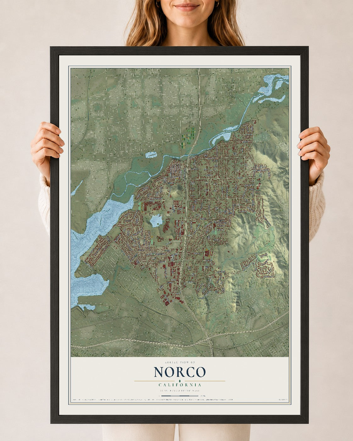 Map of Norco, California, 24 x 36 inch print in a black wood frame