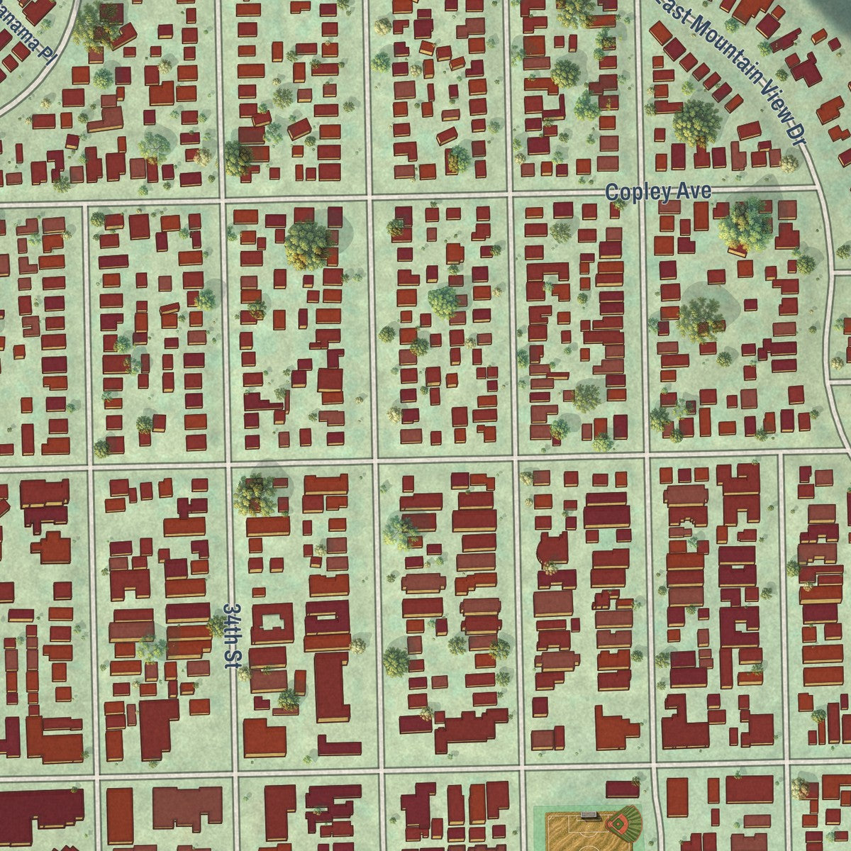 Close-up of the map of Normal Heights, California print showing street and building detail
