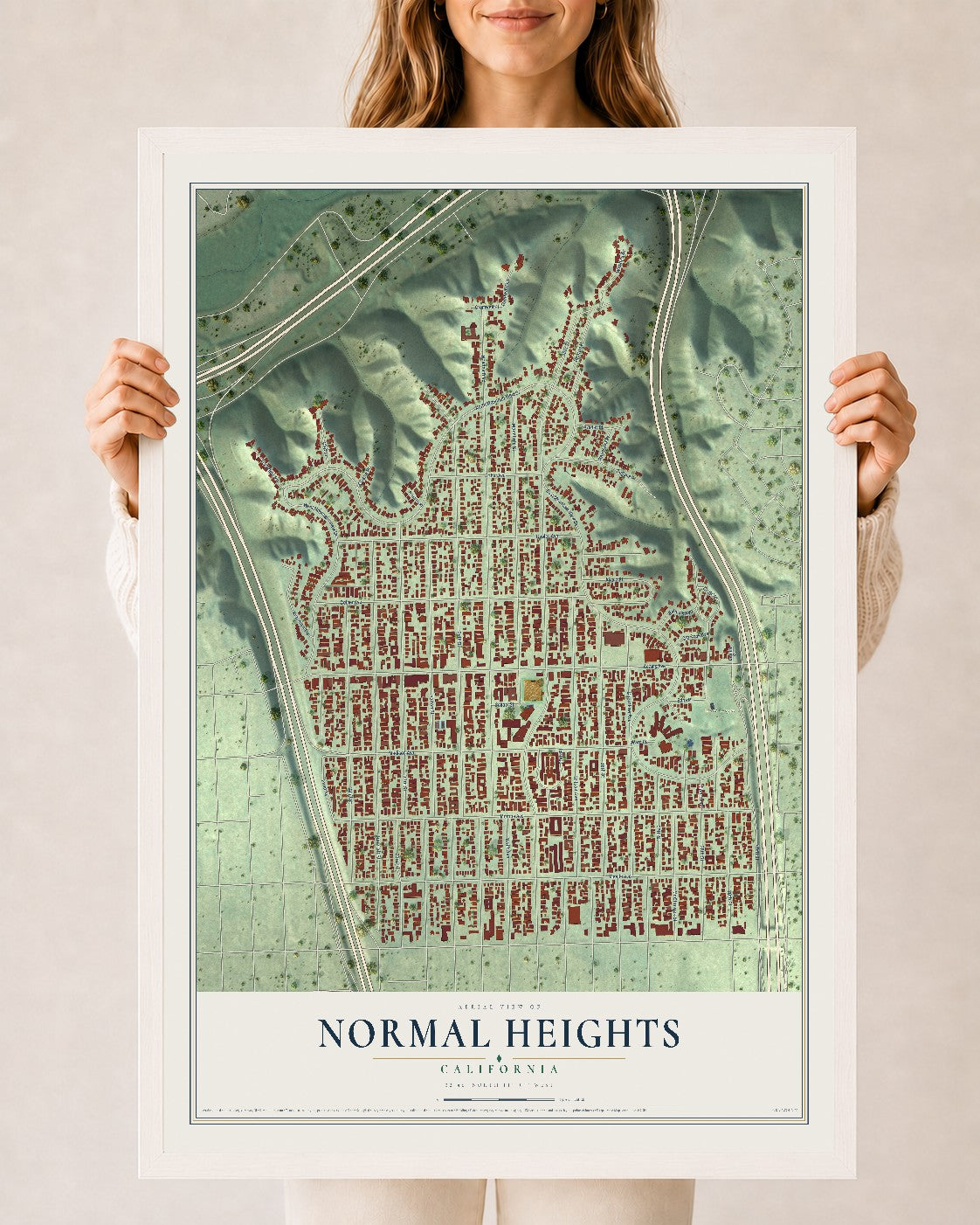 Map of Normal Heights, California, 24 x 36 inch print in a white wood frame