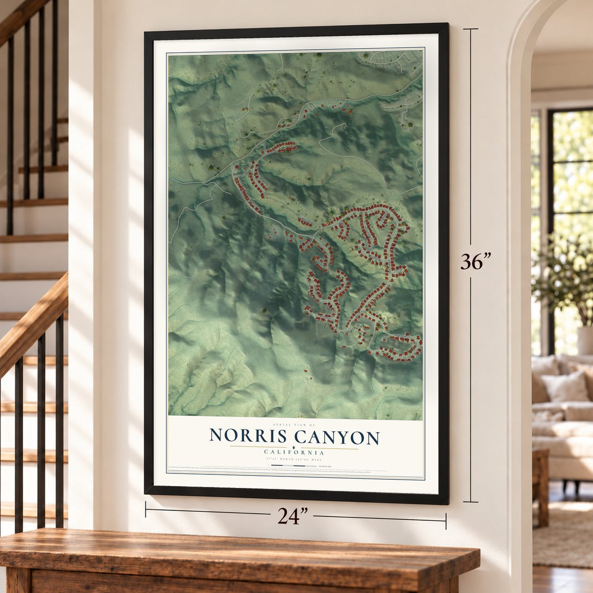 Norris Canyon, California map, 24 x 36 inch print in a black frame by a staircase