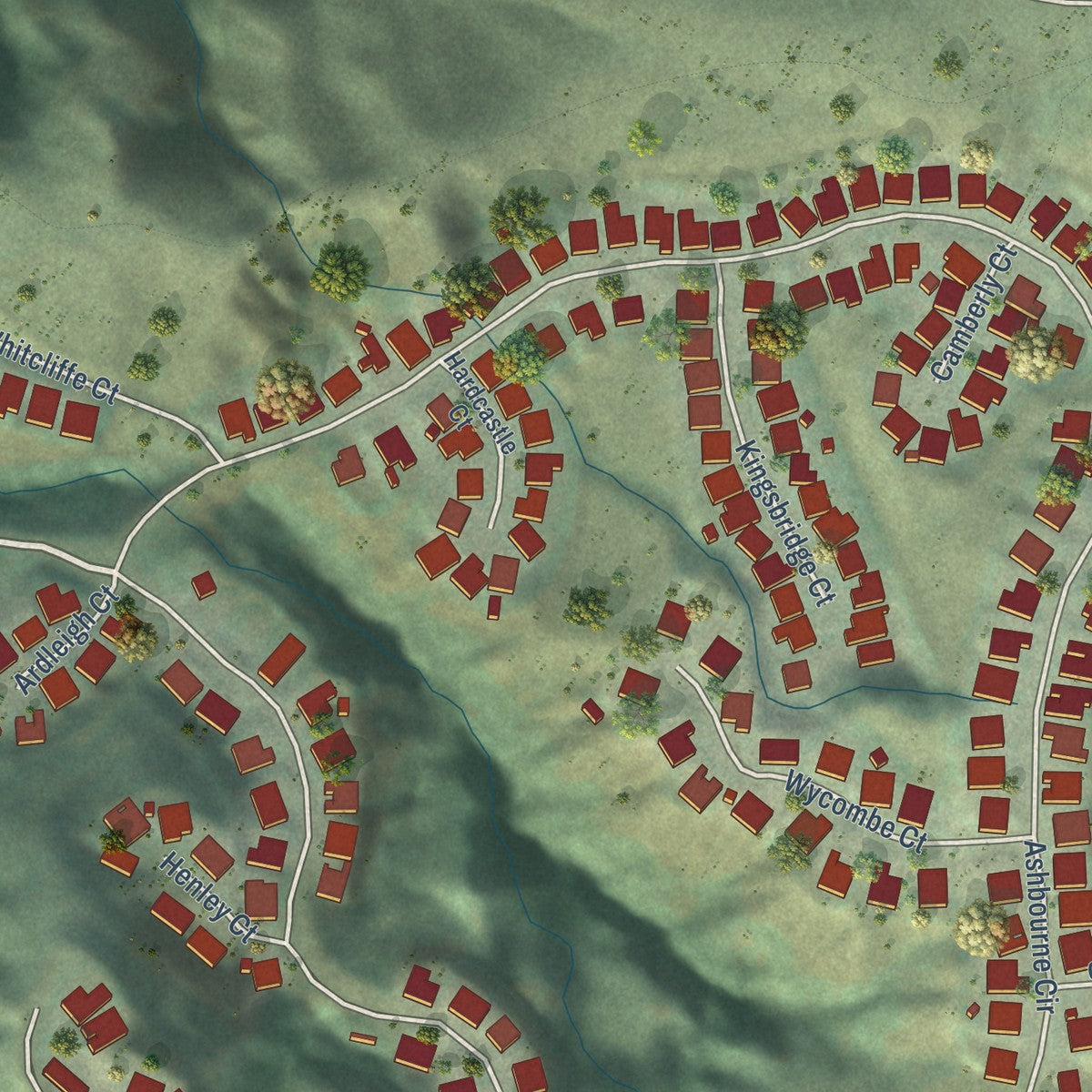 Close-up of the map of Norris Canyon, California print showing street and building detail