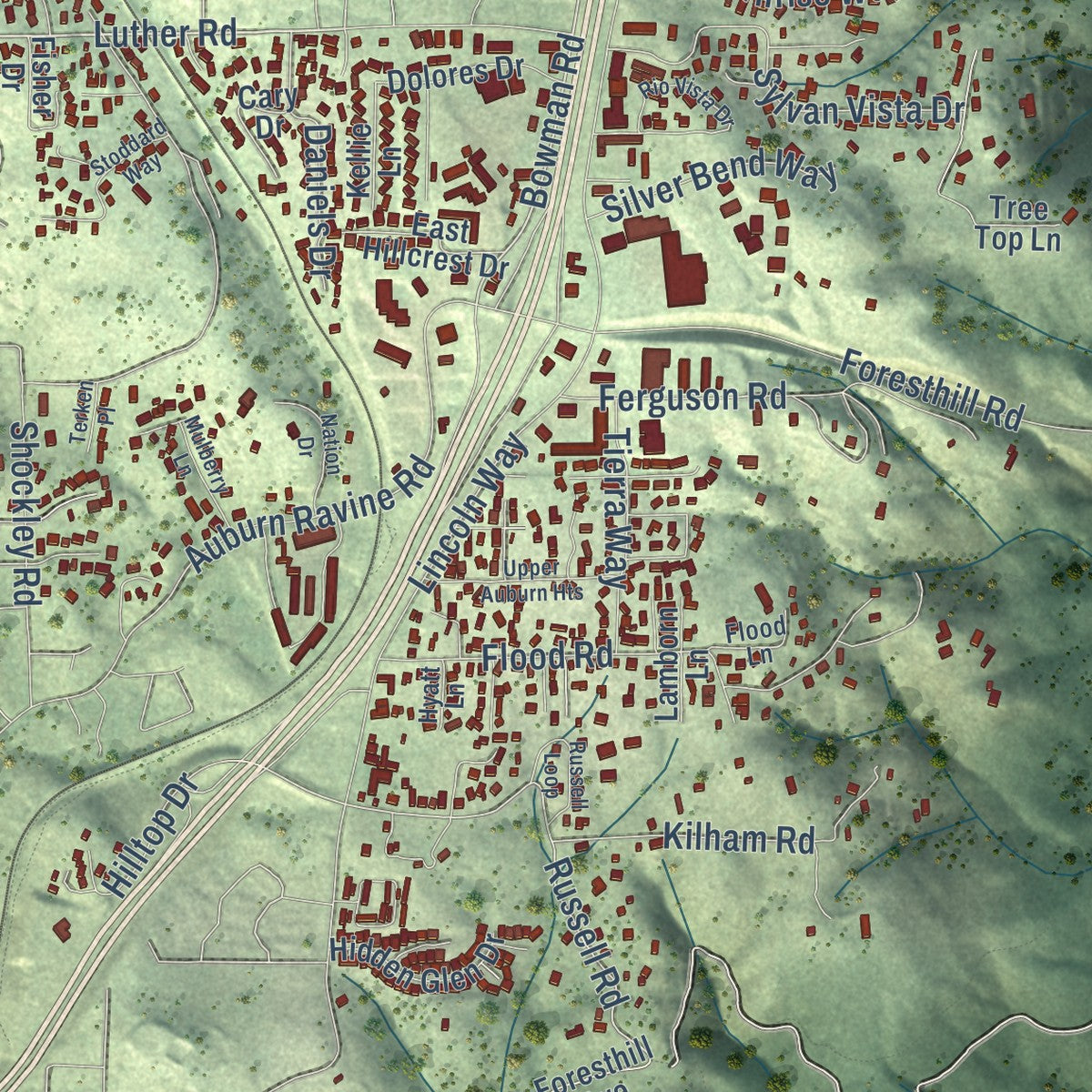 Second close-up of the map of North Auburn, California print showing more streets and buildings