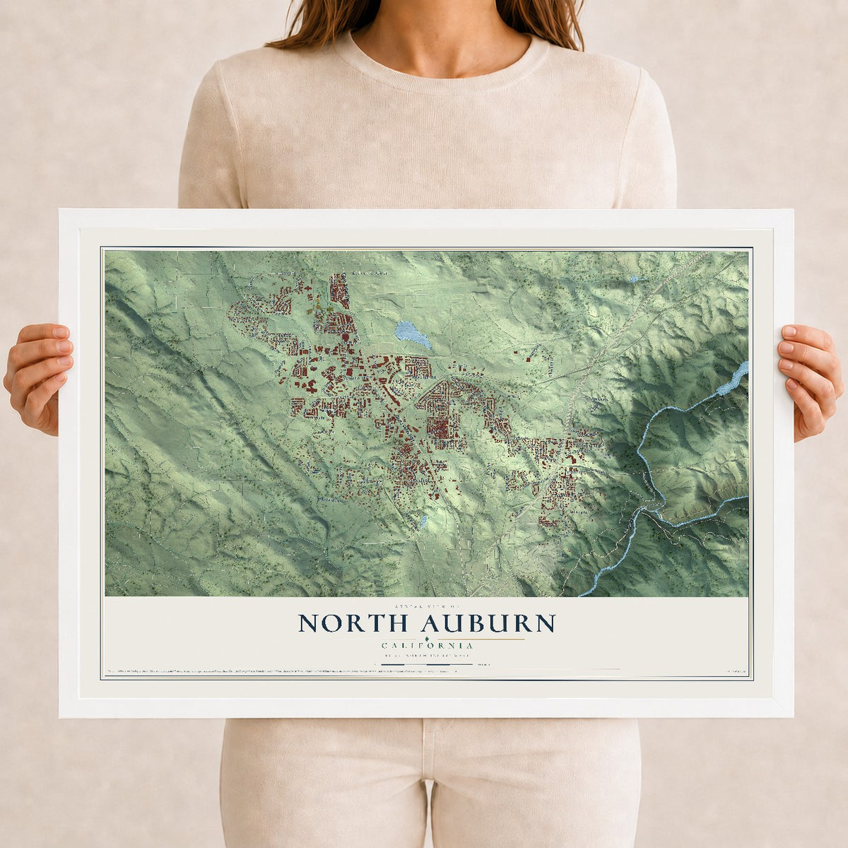 Map of North Auburn, California, 12 x 18 inch print in a white wood frame