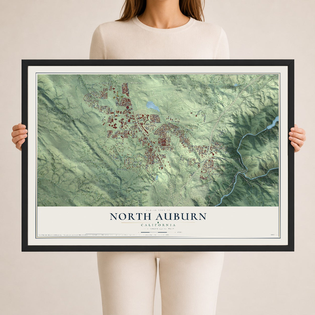 Map of North Auburn, California, 24 x 36 inch print in a black wood frame