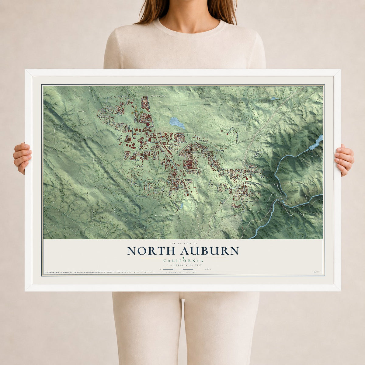 Map of North Auburn, California, 24 x 36 inch print in a white wood frame