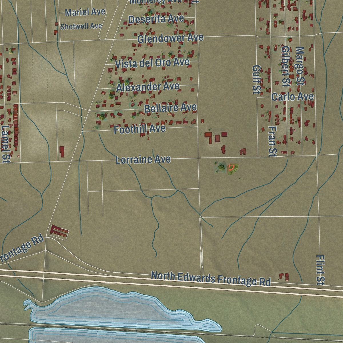 Close-up of the map of North Edwards, California print showing street and building detail