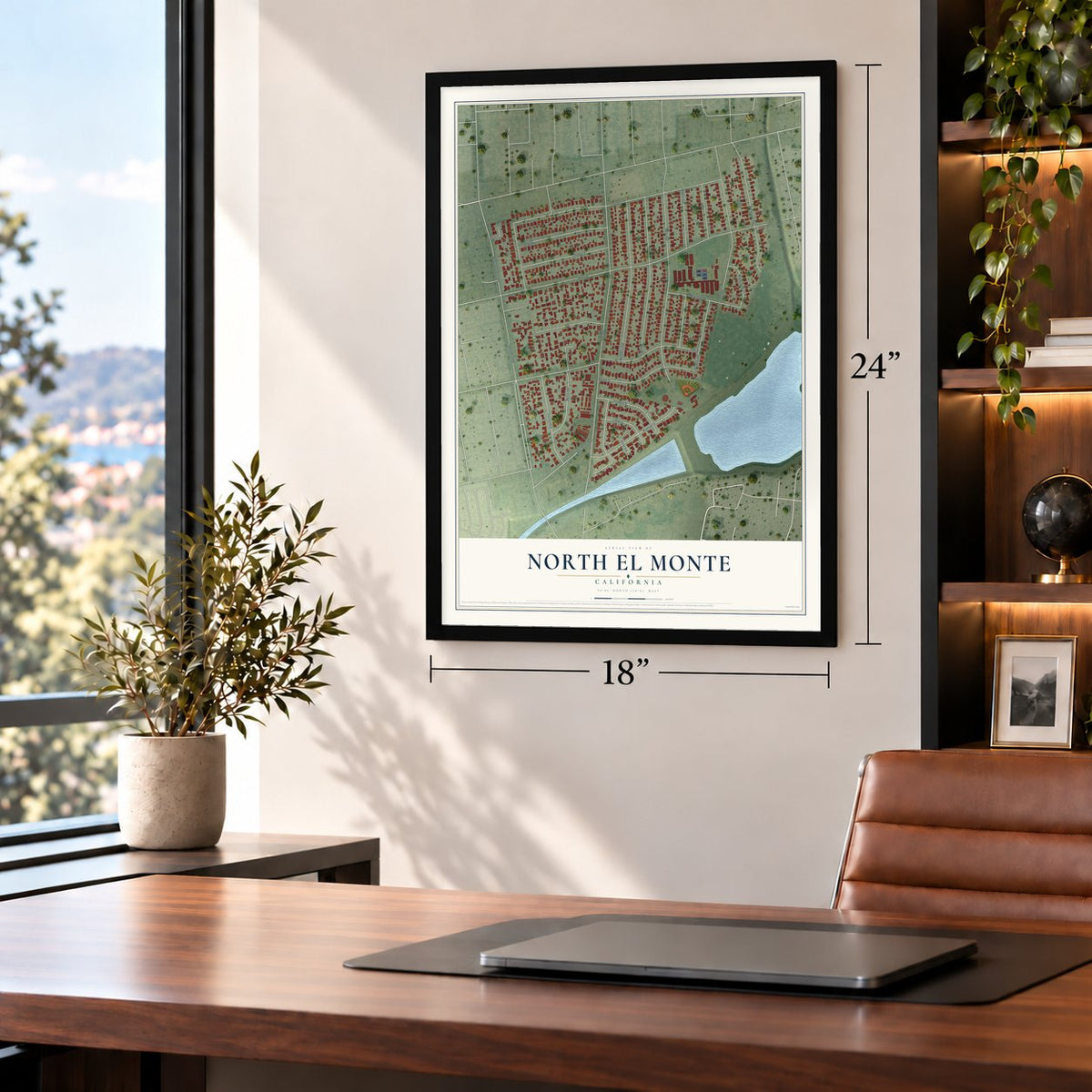 North El Monte, California map, 18 x 24 inch print in a black frame in a home office