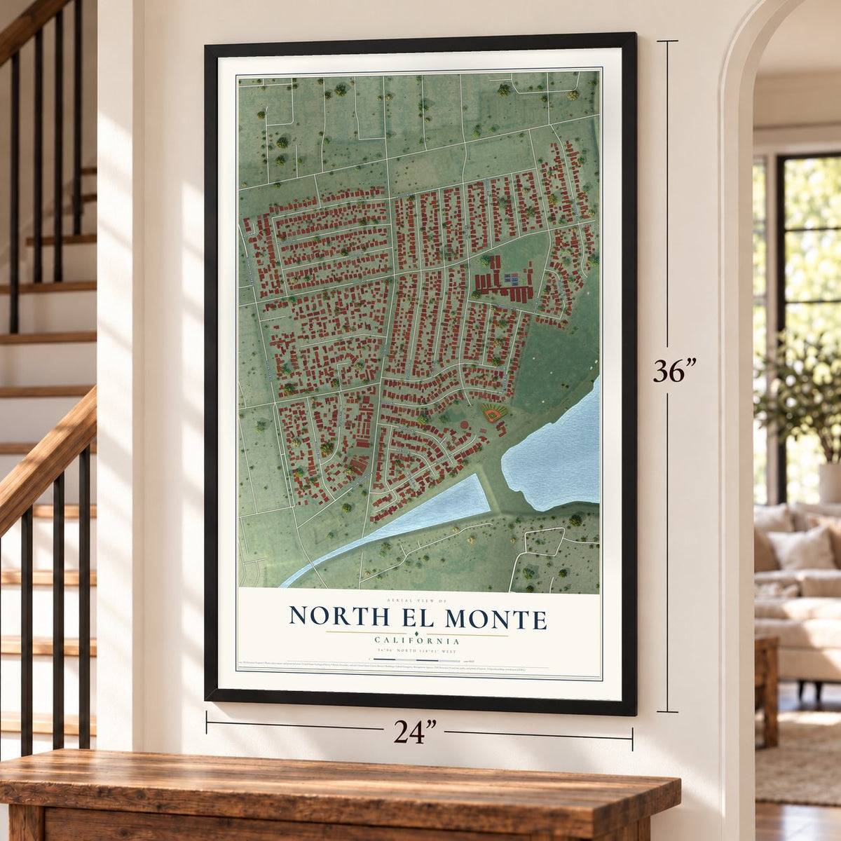 North El Monte, California map, 24 x 36 inch print in a black frame by a staircase