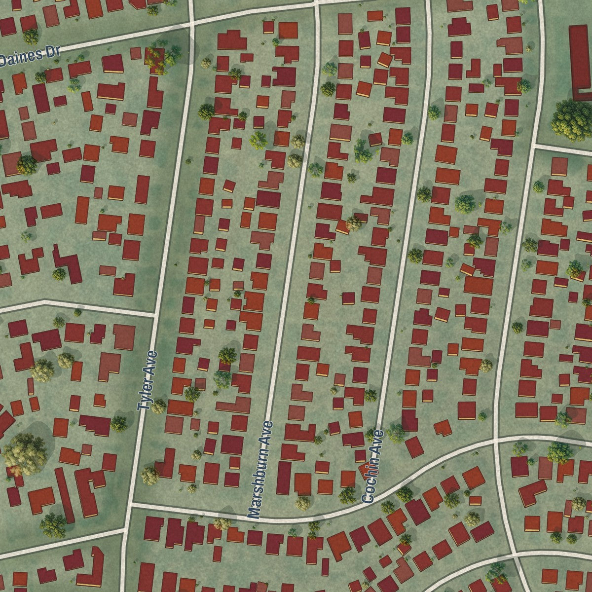 Close-up of the map of North El Monte, California print showing street and building detail