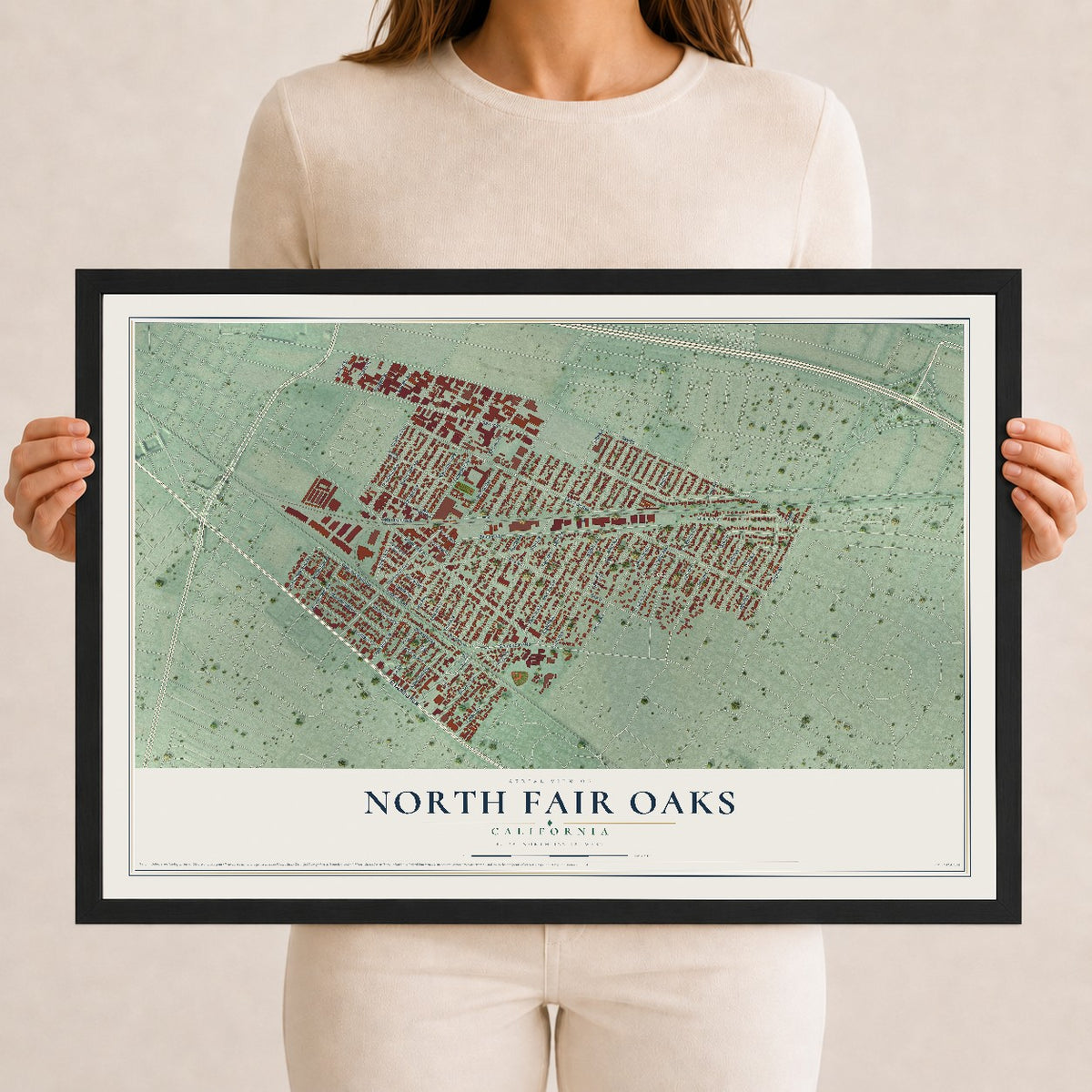 Map of North Fair Oaks, California, 12 x 18 inch print in a black wood frame