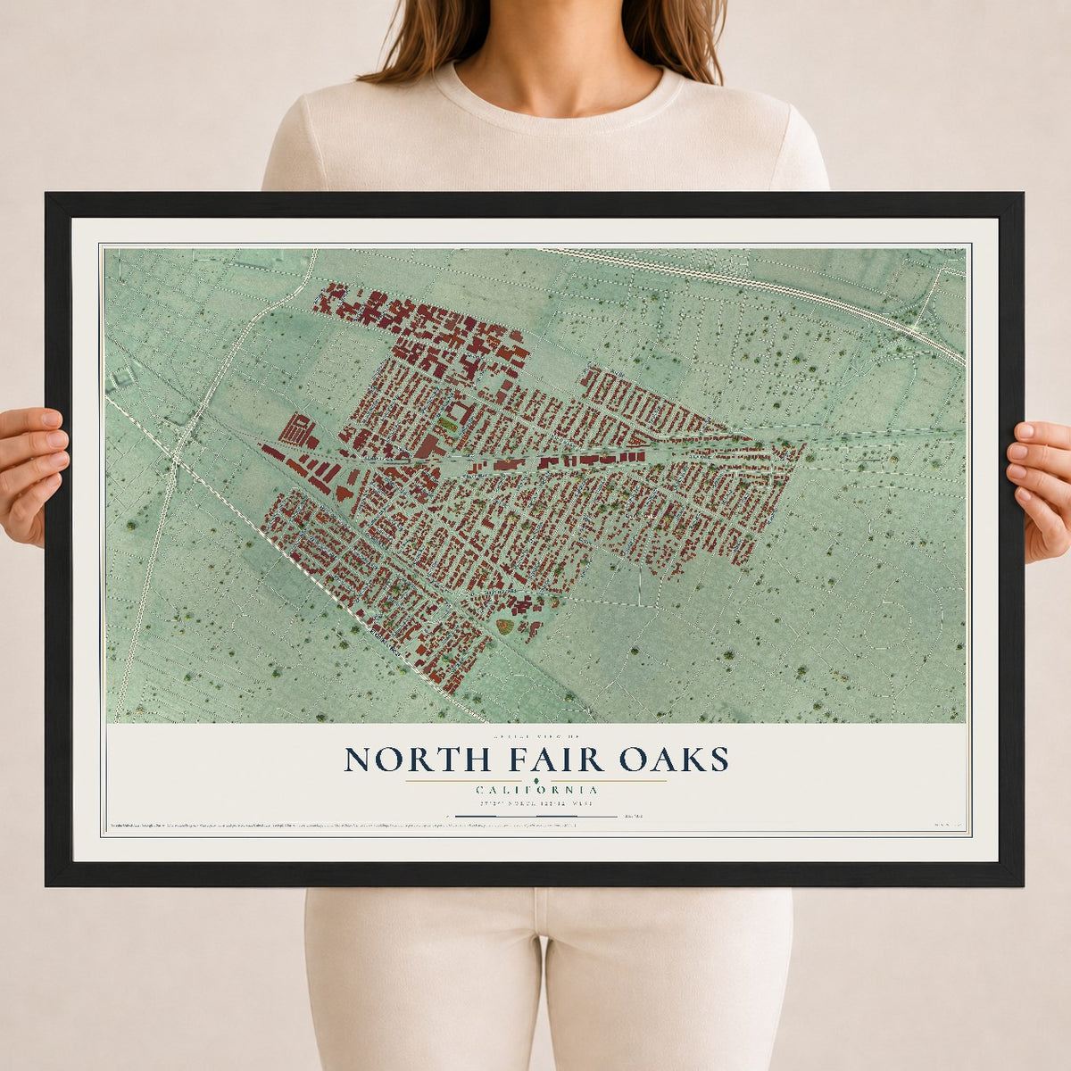 Map of North Fair Oaks, California, 18 x 24 inch print in a black wood frame