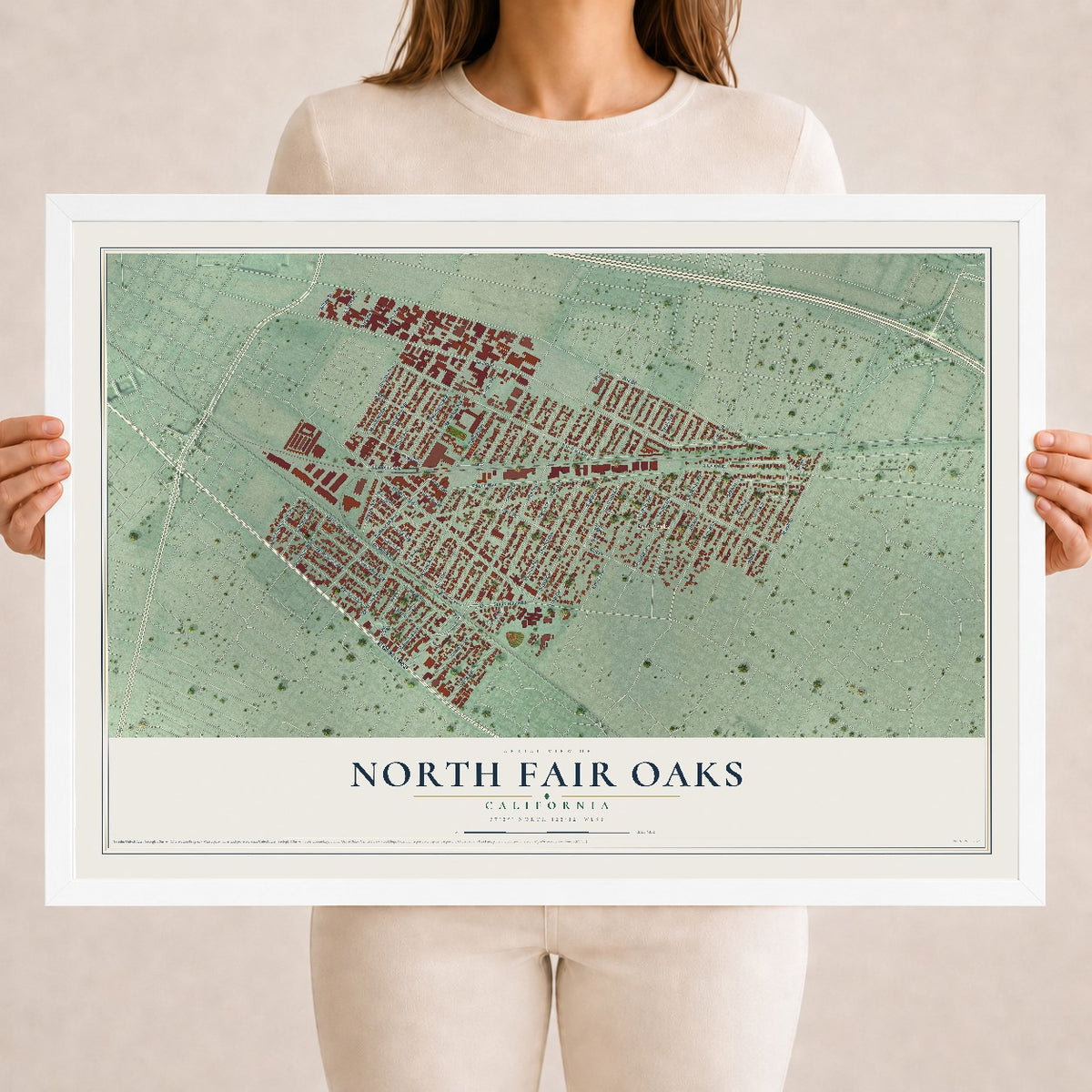 Map of North Fair Oaks, California, 18 x 24 inch print in a white wood frame