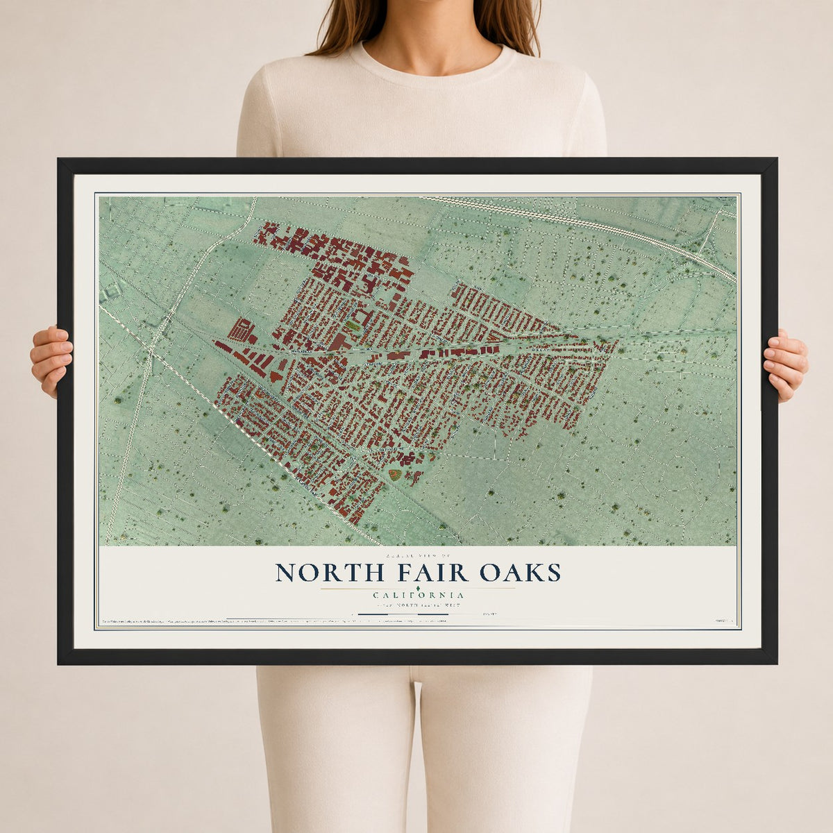 Map of North Fair Oaks, California, 24 x 36 inch print in a black wood frame