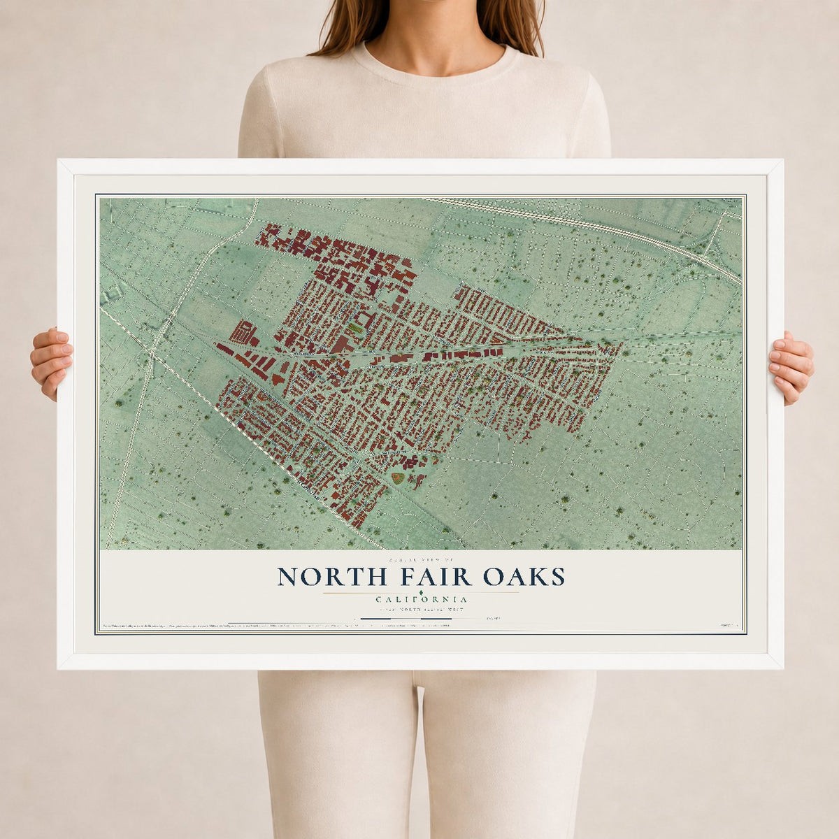 Map of North Fair Oaks, California, 24 x 36 inch print in a white wood frame