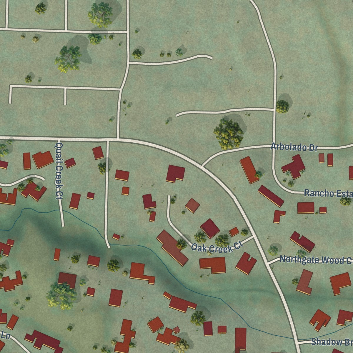 Close-up of the map of North Gate, California print showing street and building detail