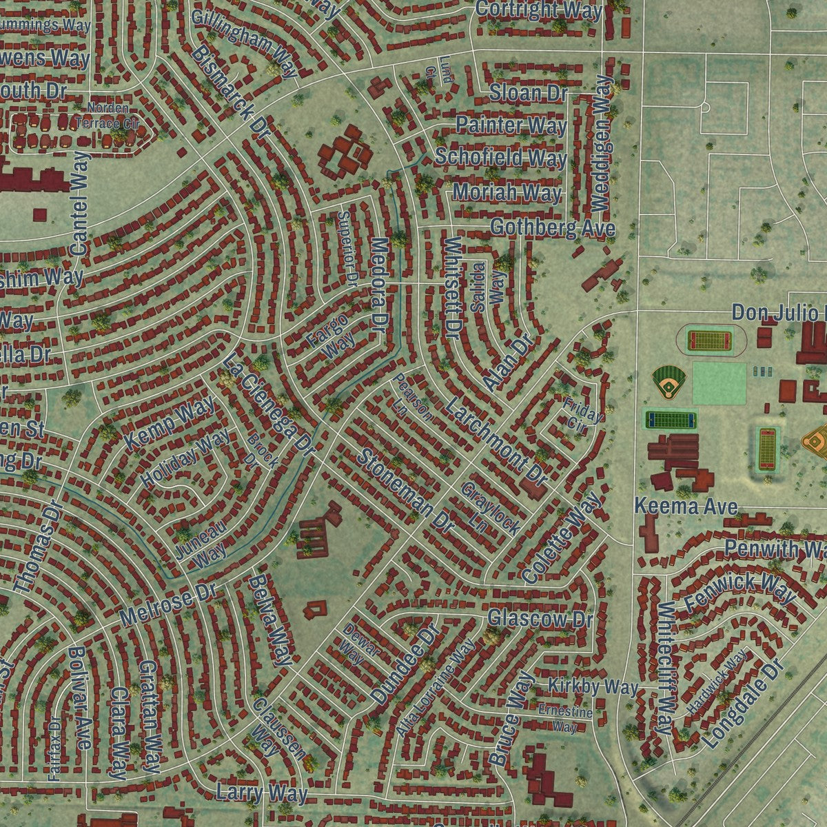 Close-up of the map of North Highlands, California print showing street and building detail