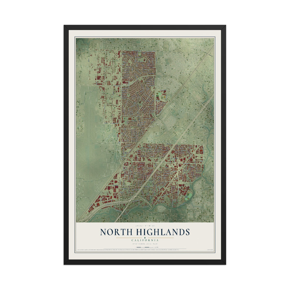 Map of North Highlands, California, 12 x 18 inch print in a black wood frame