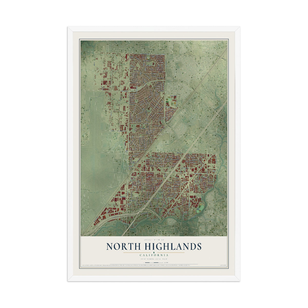Map of North Highlands, California, 12 x 18 inch print in a white wood frame
