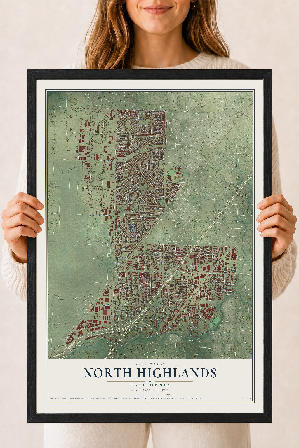 Map of North Highlands, California, 18 x 24 inch print in a black wood frame
