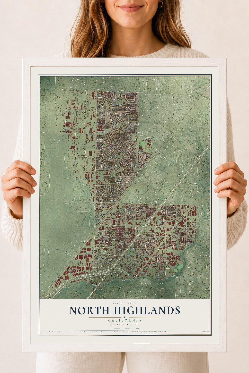Map of North Highlands, California, 18 x 24 inch print in a white wood frame