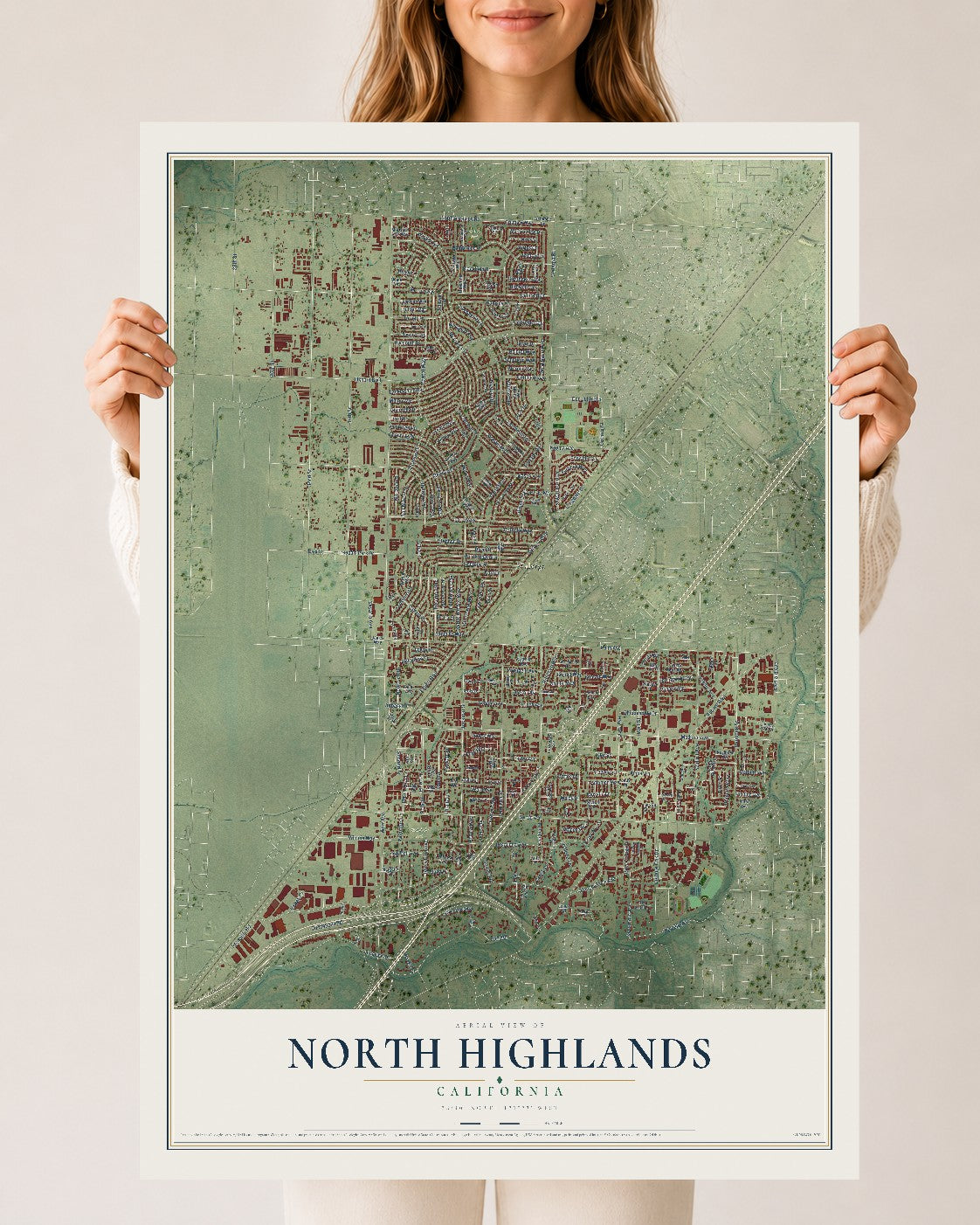 Map of North Highlands, California, 24 x 36 inch unframed archival matte print