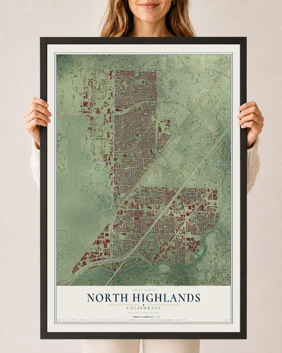 Map of North Highlands, California, 24 x 36 inch print in a black wood frame