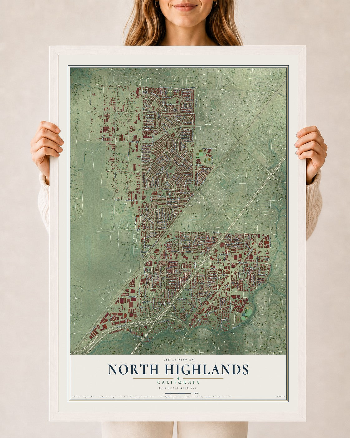 Map of North Highlands, California, 24 x 36 inch print in a white wood frame