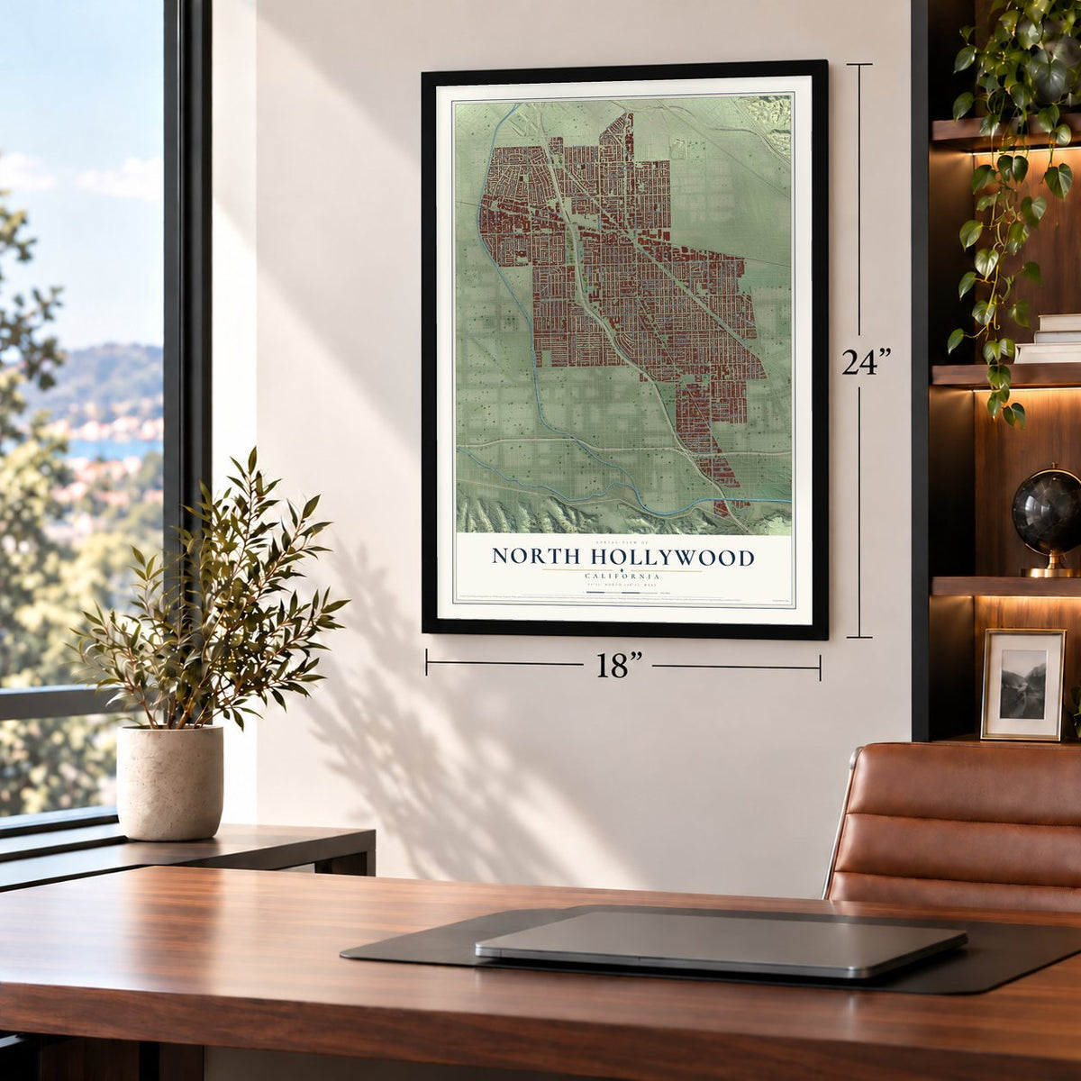 North Hollywood, California map, 18 x 24 inch print in a black frame in a home office