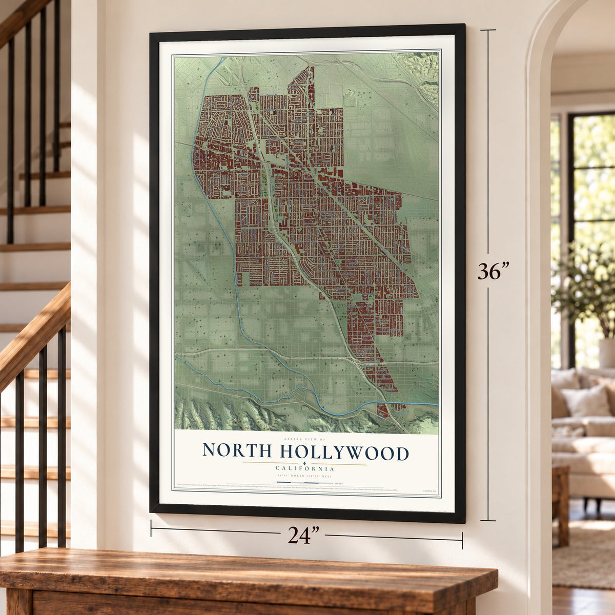 North Hollywood, California map, 24 x 36 inch print in a black frame by a staircase