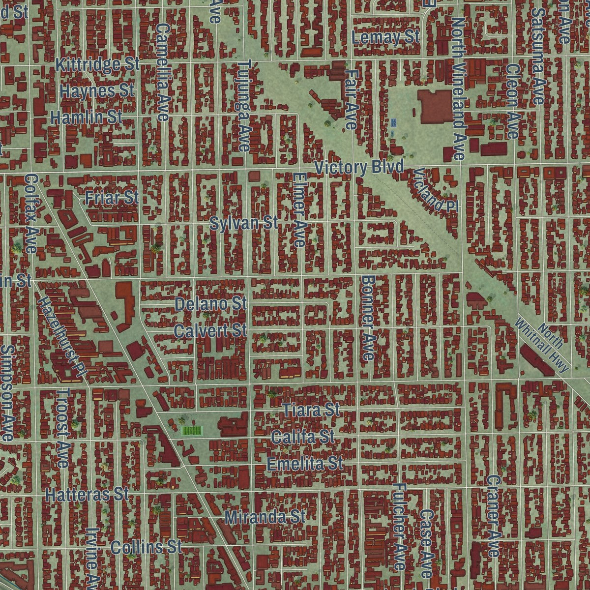 Close-up of the map of North Hollywood, California print showing street and building detail