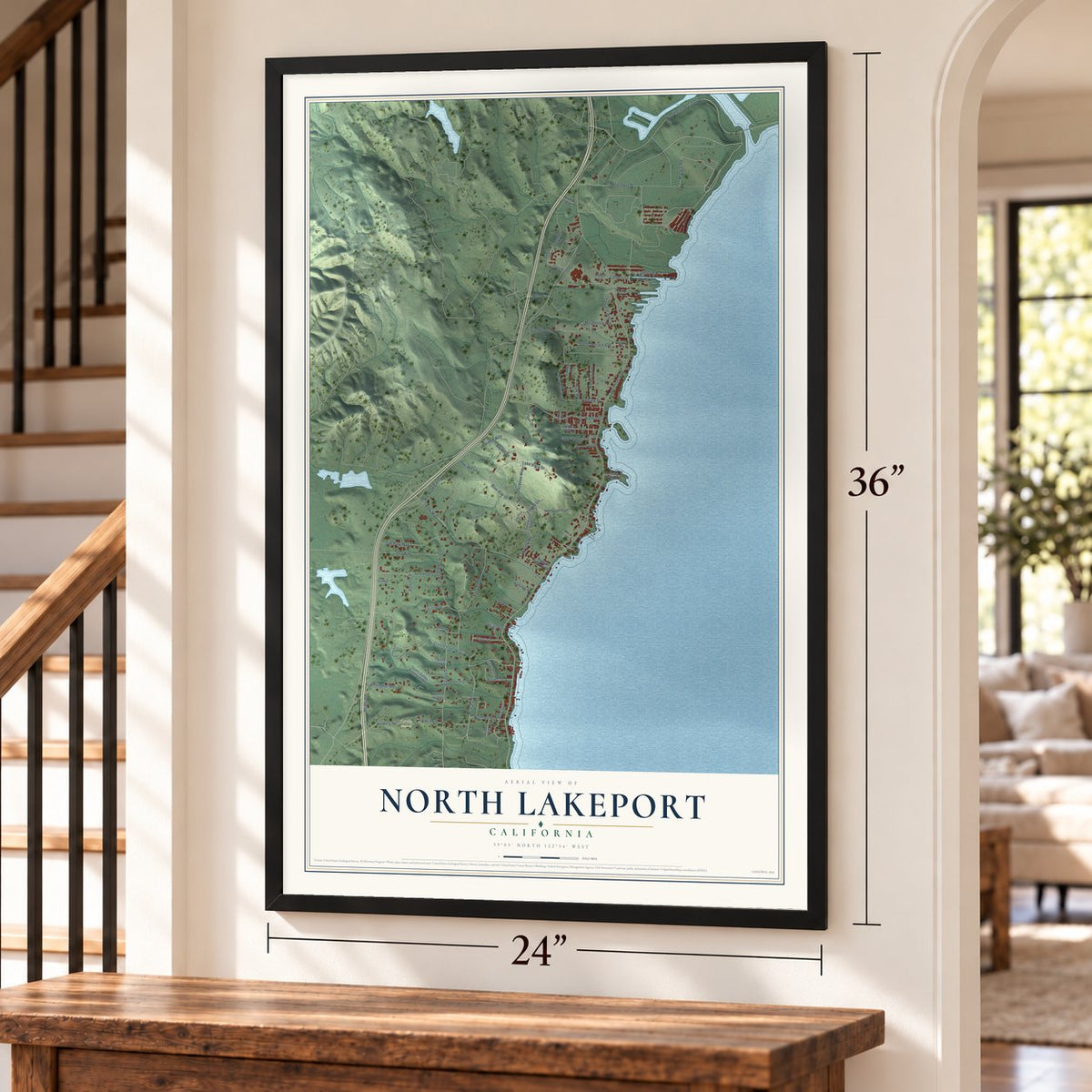 North Lakeport, California map, 24 x 36 inch print in a black frame by a staircase