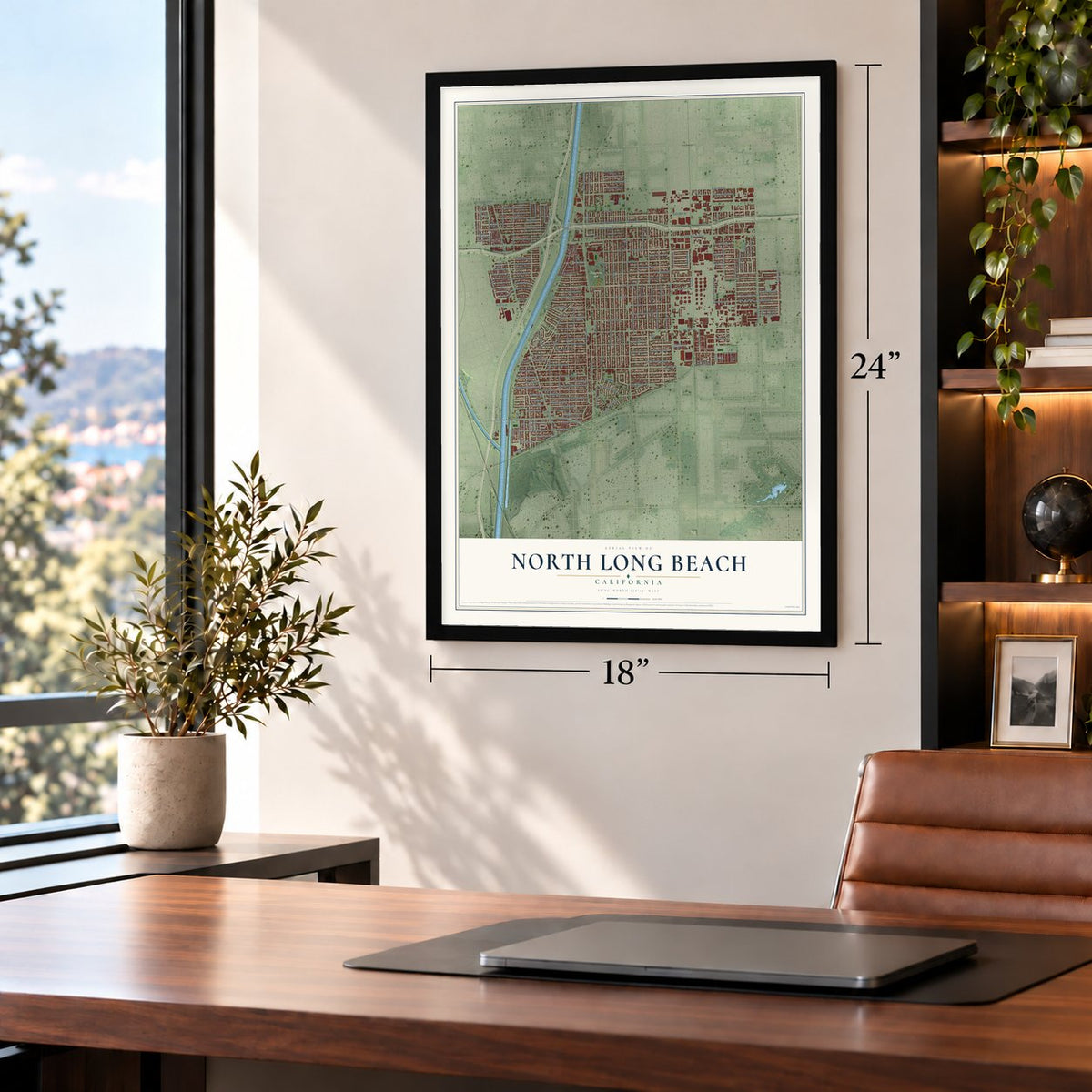 North Long Beach, California map, 18 x 24 inch print in a black frame in a home office