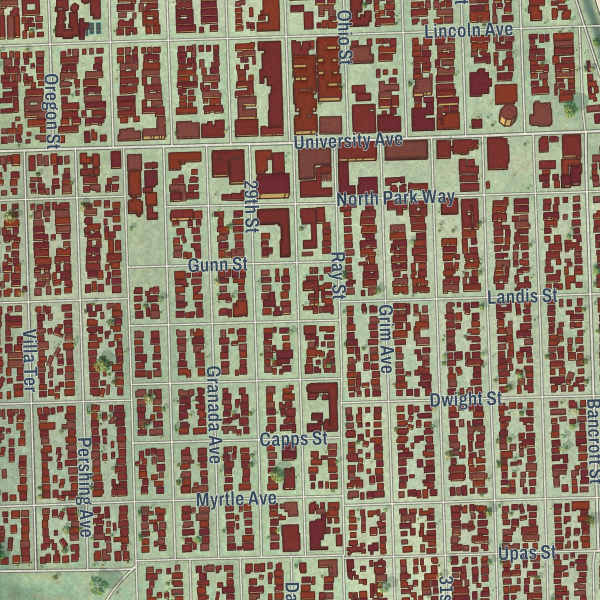 Close-up of the map of North Park, California print showing street and building detail