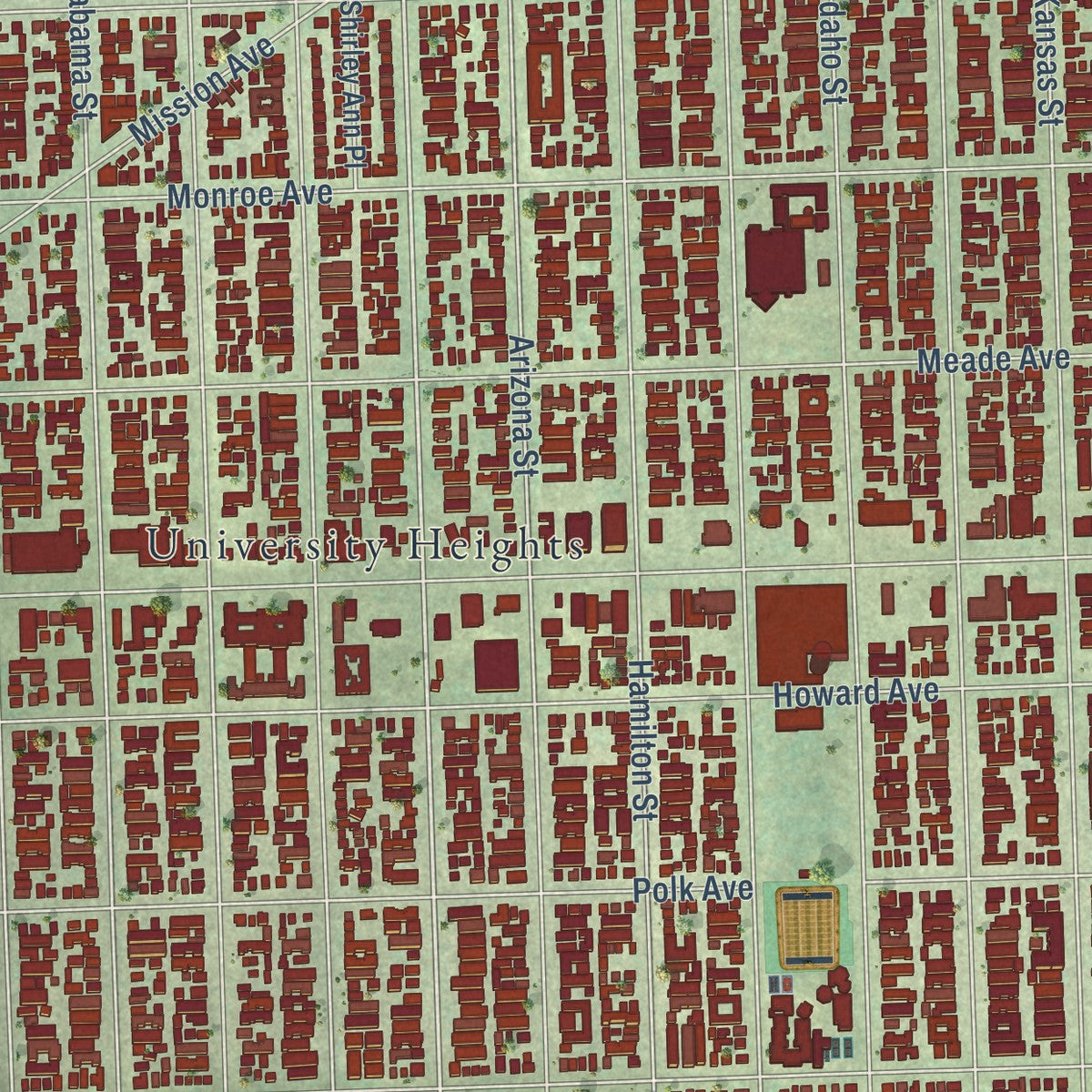 Second close-up of the map of North Park, California print showing more streets and buildings