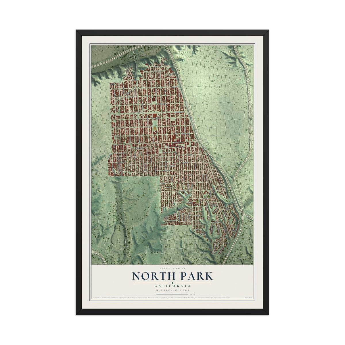 Map of North Park, California, 12 x 18 inch print in a black wood frame