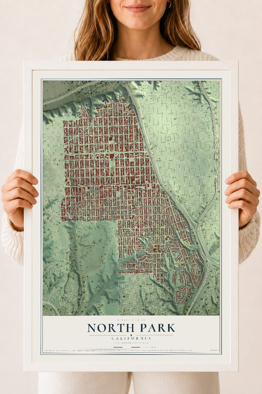Map of North Park, California, 18 x 24 inch print in a white wood frame