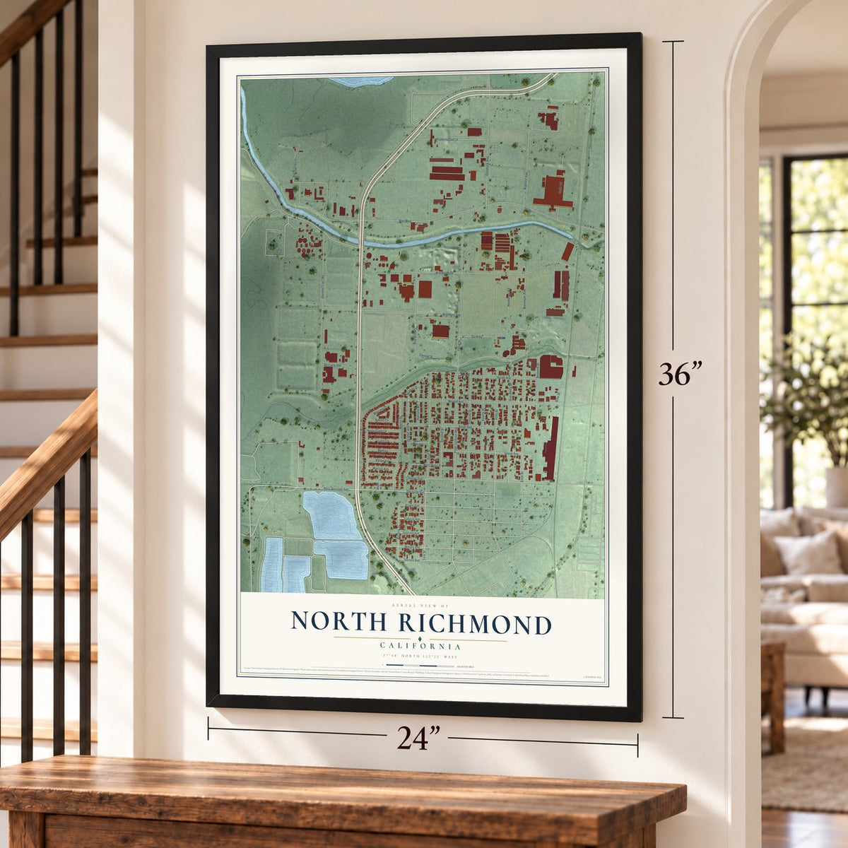North Richmond, California map, 24 x 36 inch print in a black frame by a staircase