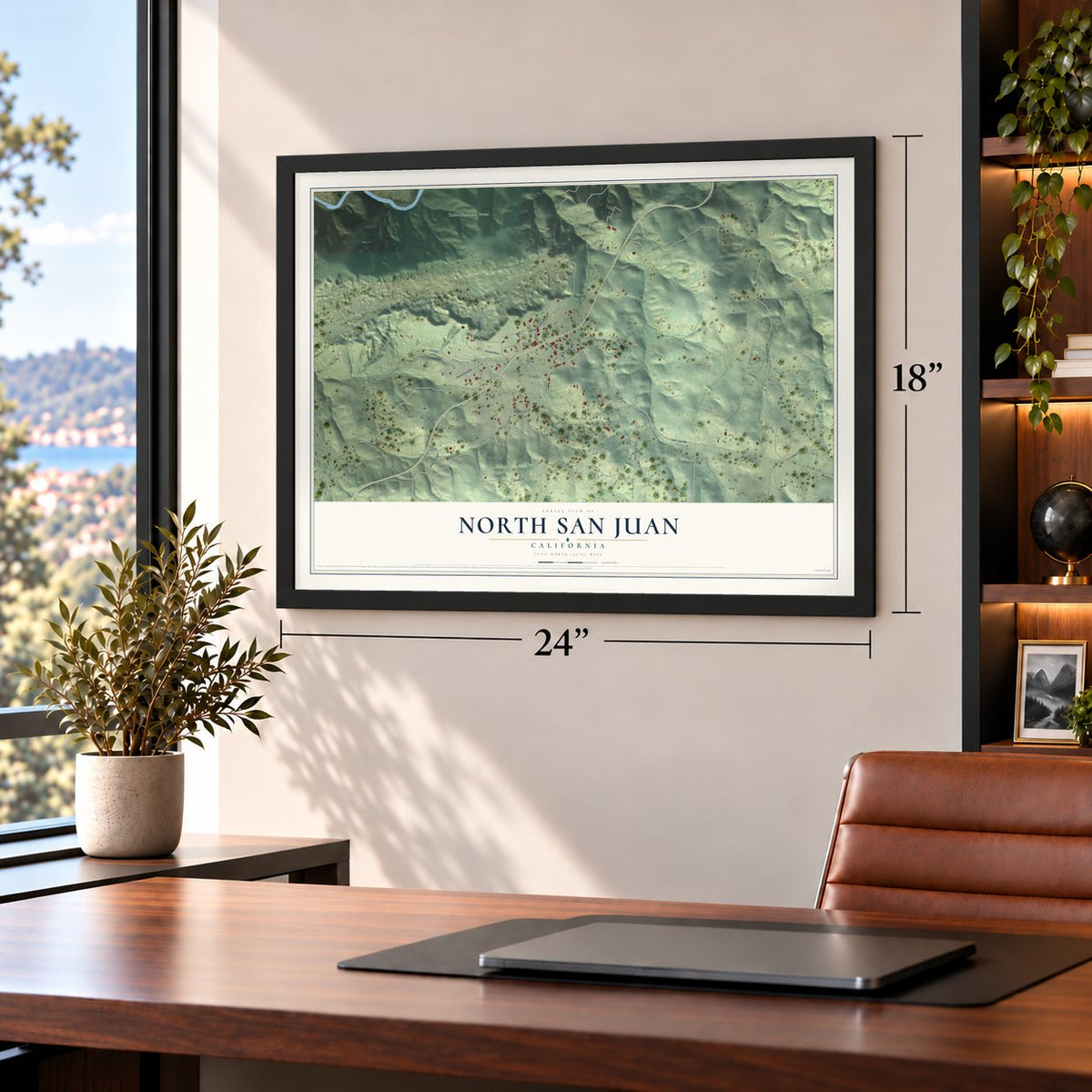 North San Juan, California map, 18 x 24 inch print in a black frame in a home office