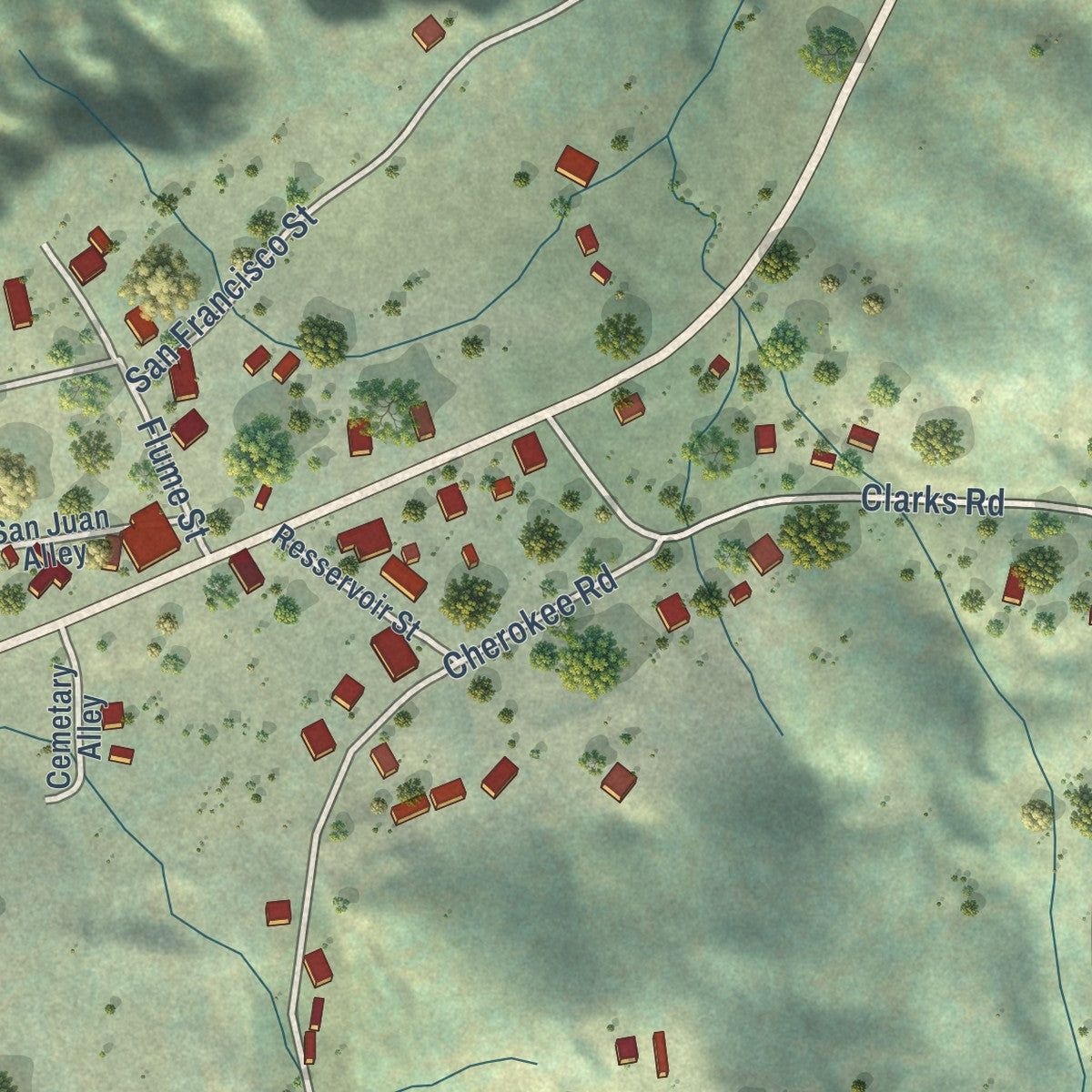 Close-up of the map of North San Juan, California print showing street and building detail