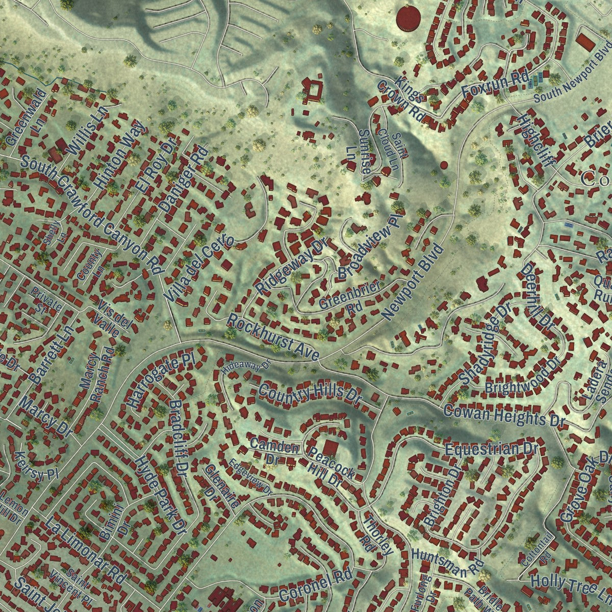 Second close-up of the map of North Tustin, California print showing more streets and buildings