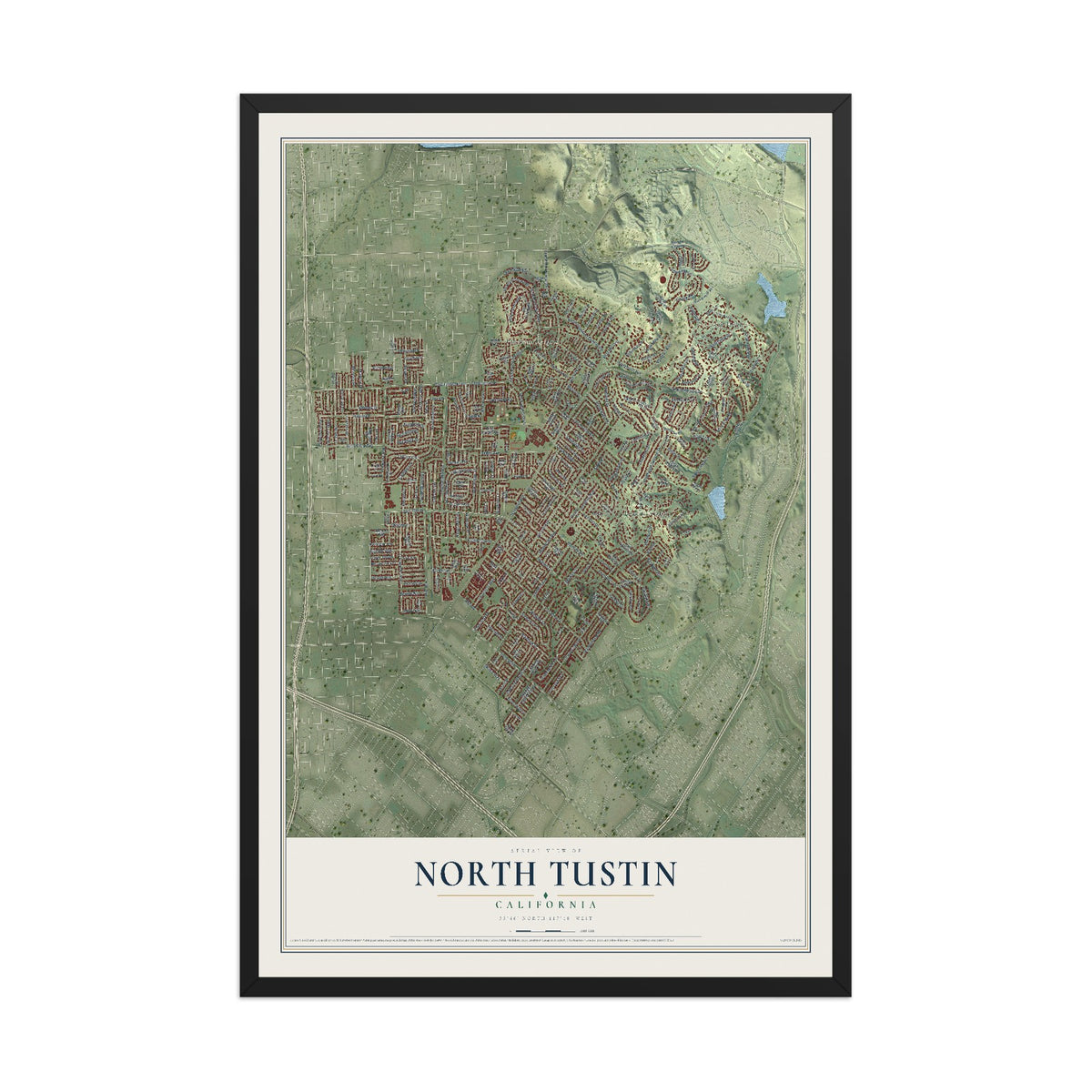 Map of North Tustin, California, 12 x 18 inch print in a black wood frame