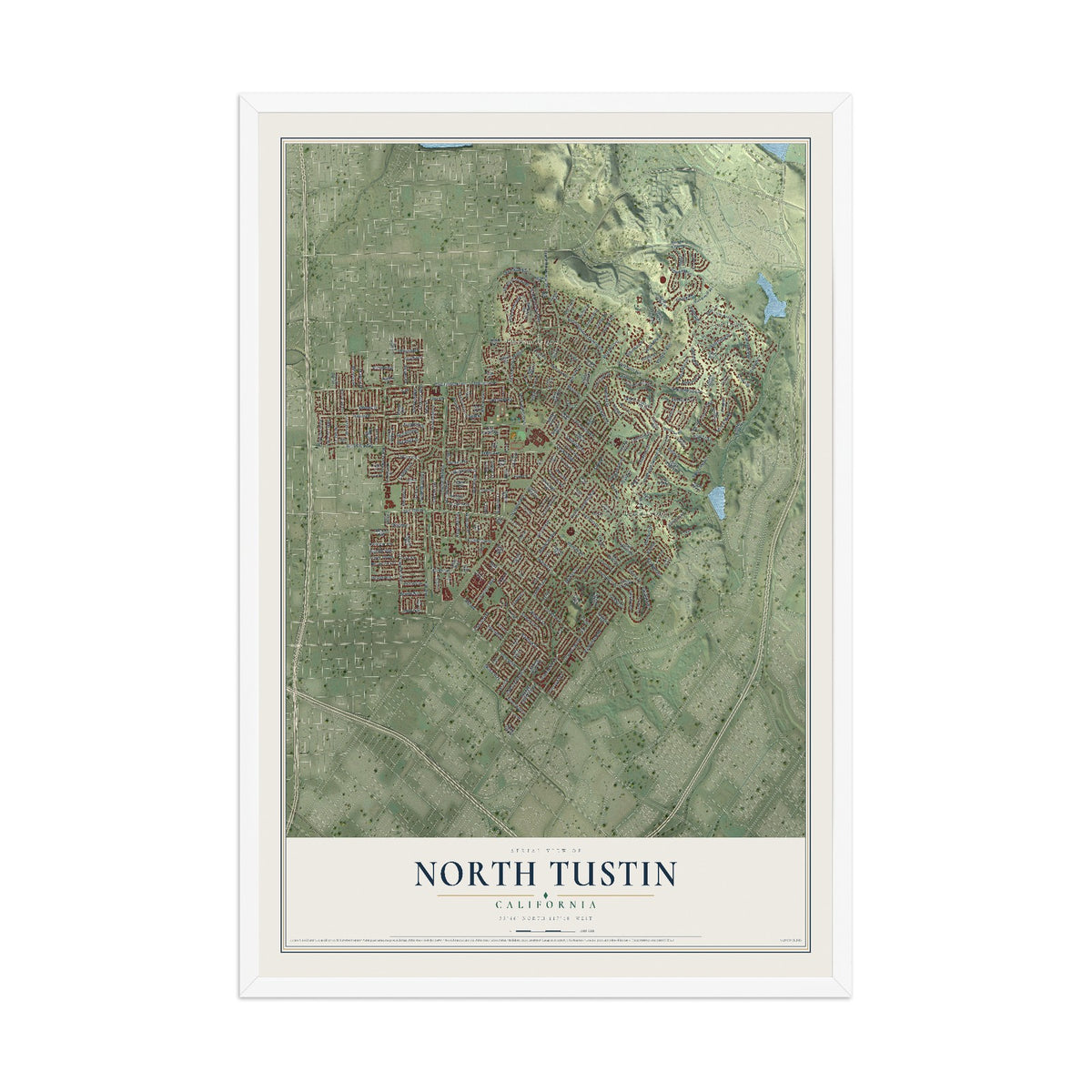 Map of North Tustin, California, 12 x 18 inch print in a white wood frame
