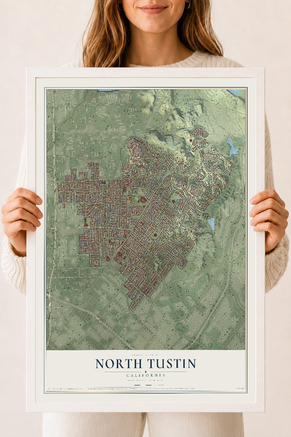 Map of North Tustin, California, 18 x 24 inch print in a white wood frame