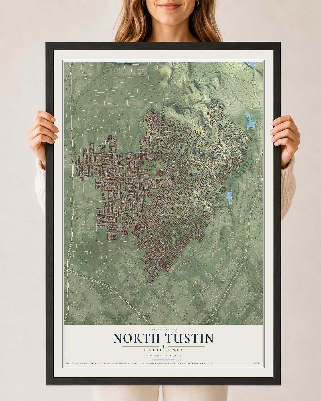 Map of North Tustin, California, 24 x 36 inch print in a black wood frame