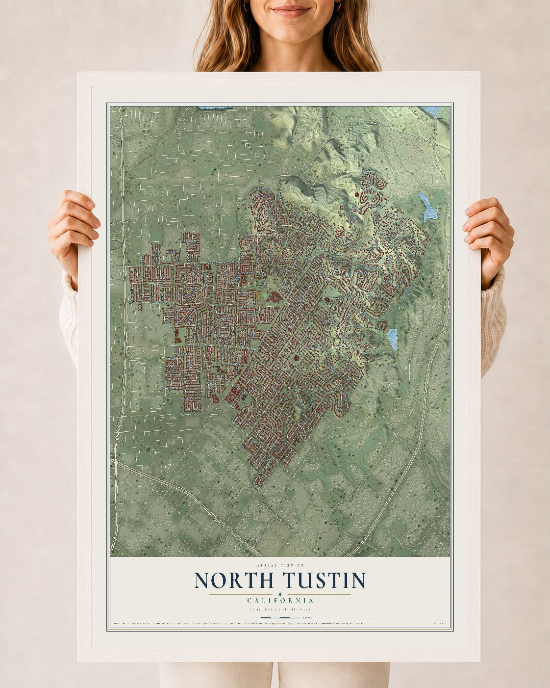 Map of North Tustin, California, 24 x 36 inch print in a white wood frame
