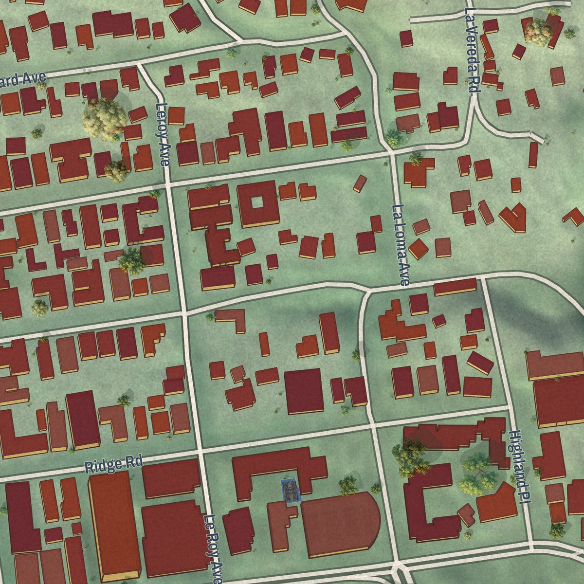 Close-up of the map of Northside, California print showing street and building detail