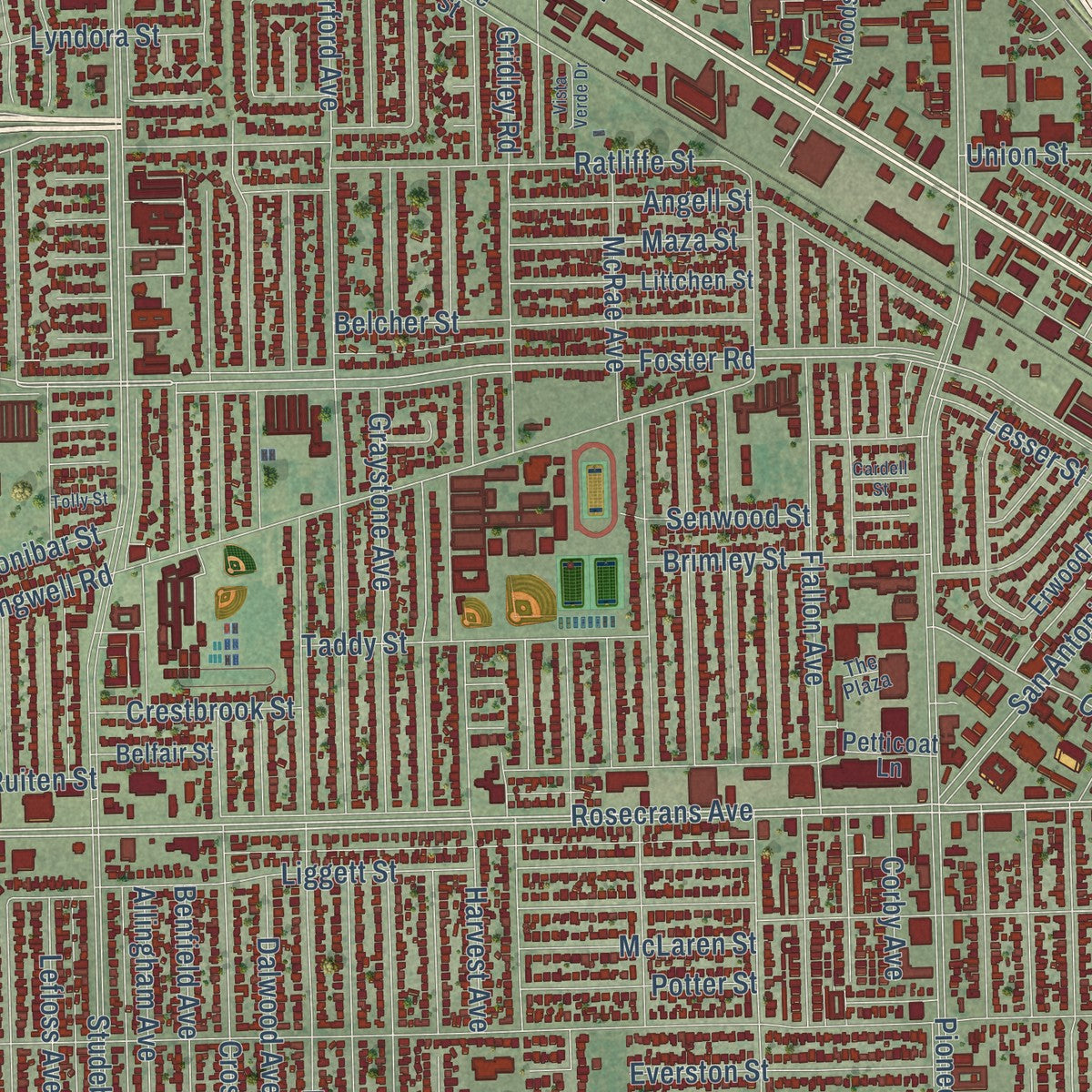 Close-up of the map of Norwalk, California print showing street and building detail