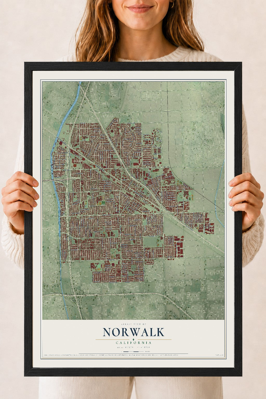 Map of Norwalk, California, 18 x 24 inch print in a black wood frame